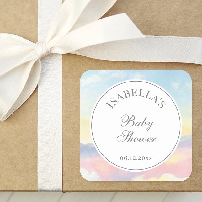 Elegant Watercolor Sky and Clouds Baby Shower Square Sticker (Creator Uploaded)