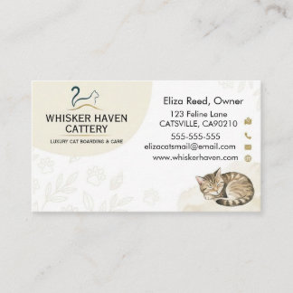 Elegant Watercolor Sleeping Cat Cattery Business Card