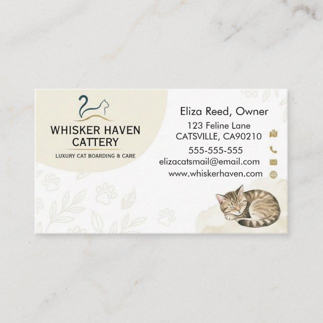 Elegant Watercolor Sleeping Cat Cattery Business Card (Front)