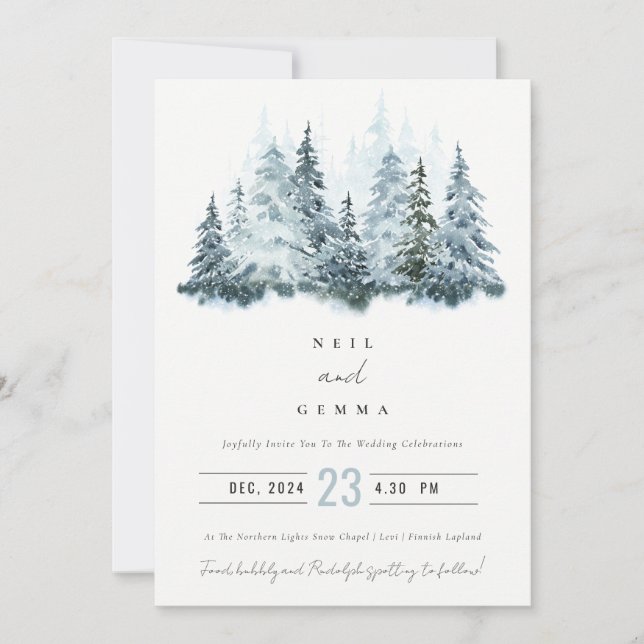 Elegant Watercolor Snow Winter Forest Pine Wedding Invitation (Front)