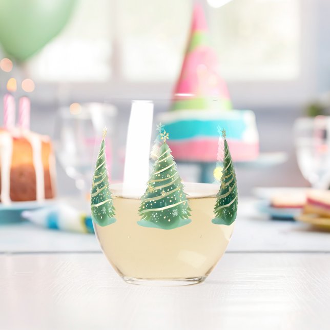 Elegant Watercolor Snowflake Merry Christmas tree Stemless Wine Glass (Insitu (Birthday))