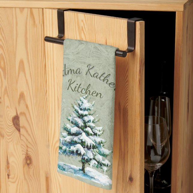 Elegant Watercolor Snowy Spruce Tree Grandma Tea Towel (Thirds Fold)