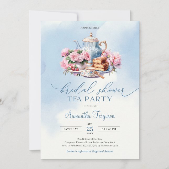 Elegant watercolor soft pink roses tea party invitation (Front)