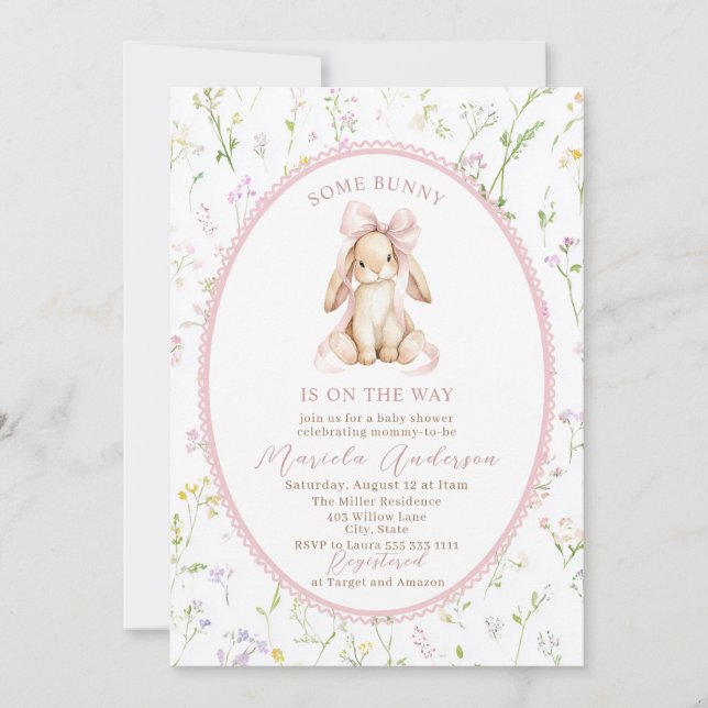 Elegant Watercolor some bunny pink bow Baby Shower Invitation (Front)