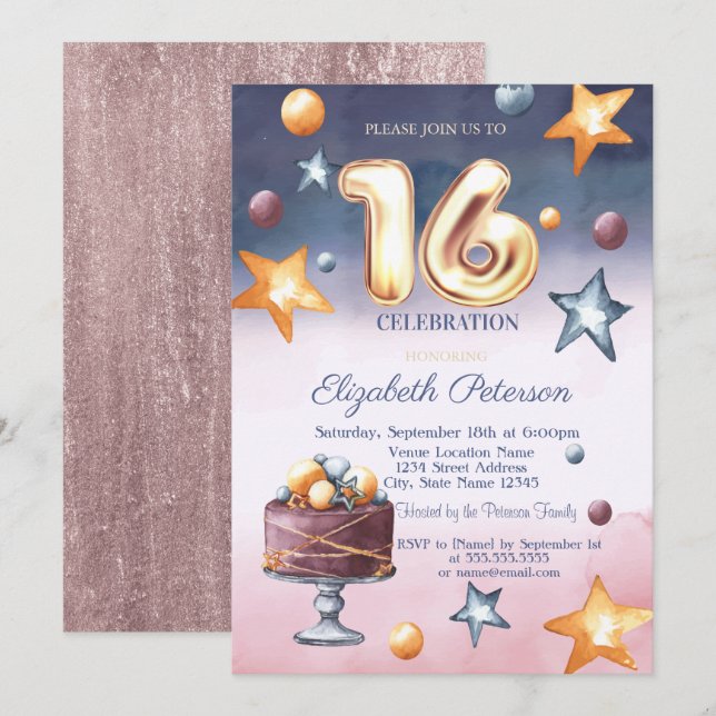Elegant Watercolor Stars Cake Sweet 16 Invitation (Front/Back)