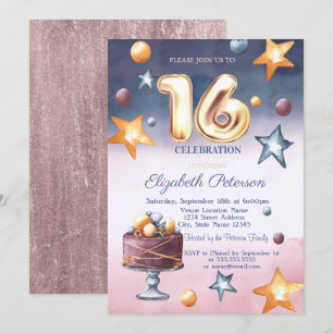 Elegant Watercolor Stars Cake Sweet 16 Invitation