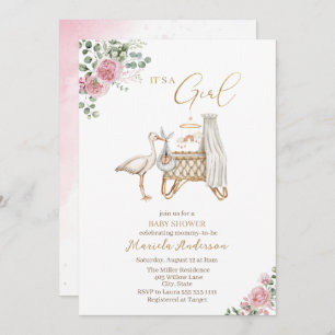 Elegant Watercolor Stork Baby Girl Baby Shower Invitation