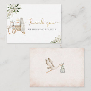Elegant Watercolor  Stork Baby Girl Gold White Flo Card