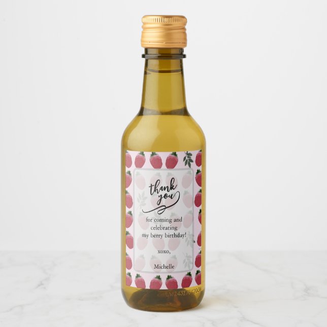 Elegant Watercolor Strawberry Birthday Wedding Wine Label (Front)