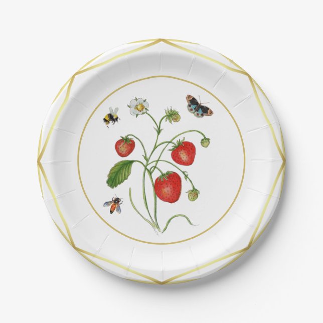 Elegant watercolor strawberry botanical  paper plate (Front)
