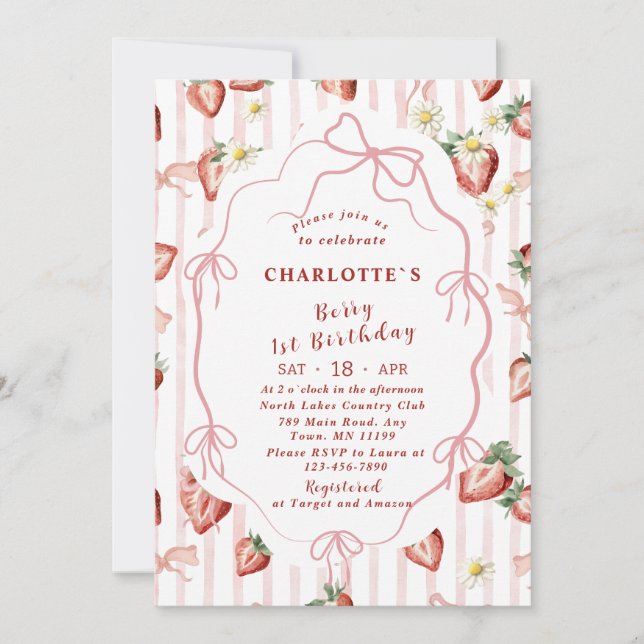 Elegant  Watercolor Strawberry girl 1st birthday Invitation (Front)