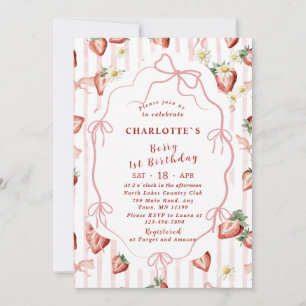 Elegant  Watercolor Strawberry girl 1st birthday Invitation