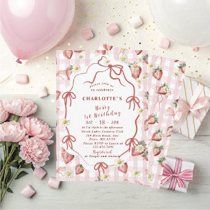 Elegant  Watercolor Strawberry girl 1st birthday Invitation