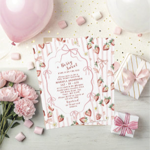 Elegant  Watercolor Strawberry girl Baby Shower In Invitation