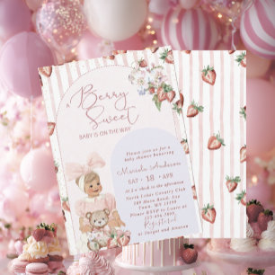 Elegant  Watercolor Strawberry girl Baby Shower Invitation