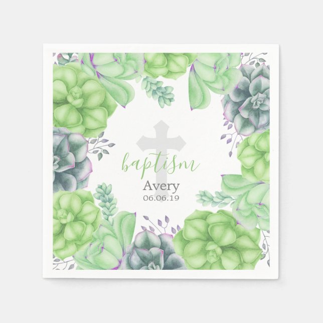 Elegant Watercolor Succulent Baptism Religious Napkin (Front)