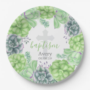 Elegant Watercolor Succulent Baptism Religious Paper Plate