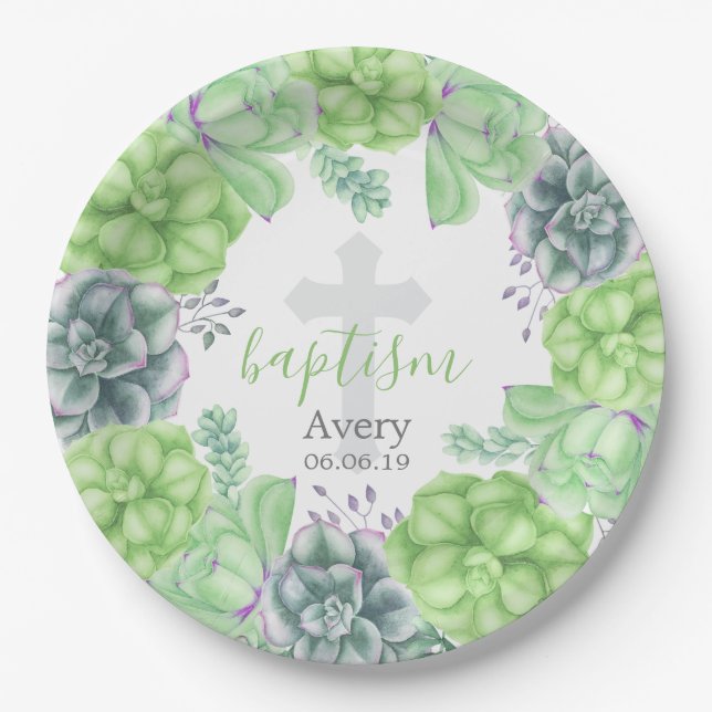 Elegant Watercolor Succulent Baptism Religious Paper Plate (Front)