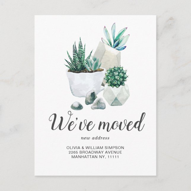 Elegant Watercolor Succulent Moving Announcement Postcard (Front)