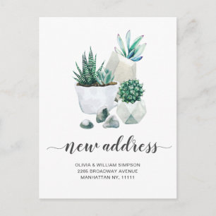 Elegant Watercolor Succulent Moving Announcement Postcard