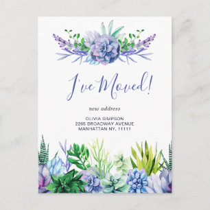 Elegant Watercolor Succulent Moving Announcement Postcard