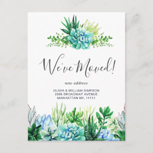 Elegant Watercolor Succulent Moving Announcement Postcard