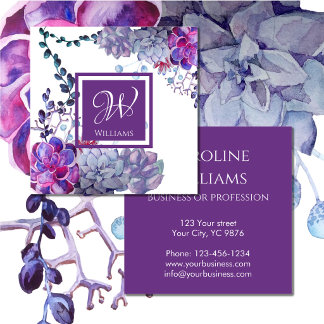 Elegant Watercolor Succulent Plants Blue Purple Square Business Card