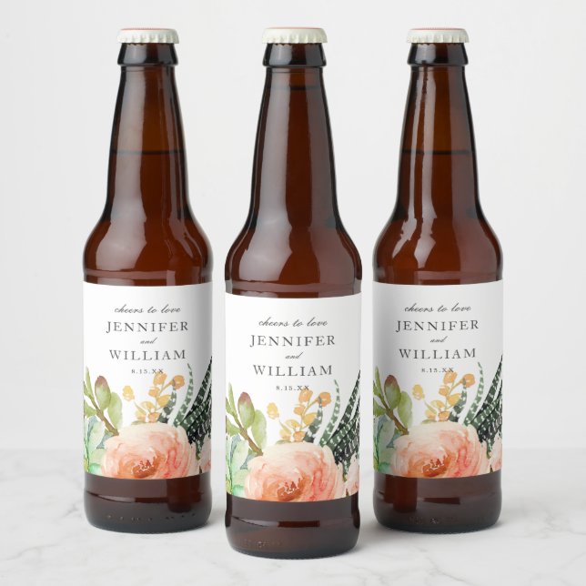Elegant Watercolor Succulent Rose Wedding Beer Bottle Label (Bottles)