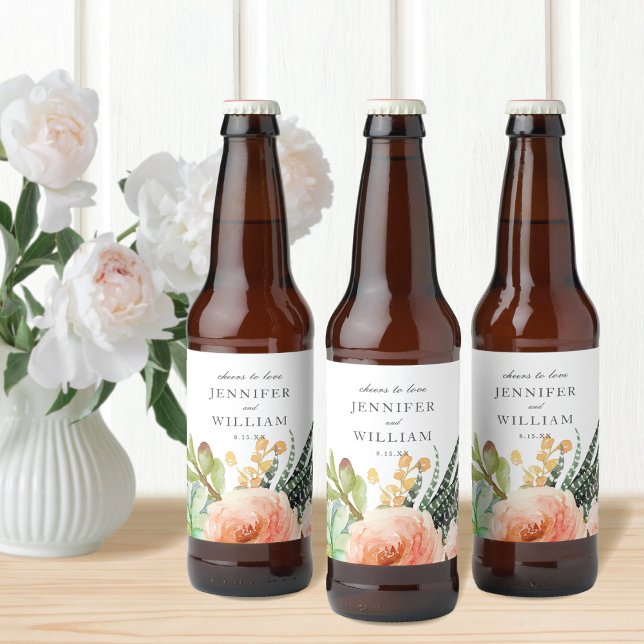 Elegant Watercolor Succulent Rose Wedding Beer Bottle Label (Creator Uploaded)