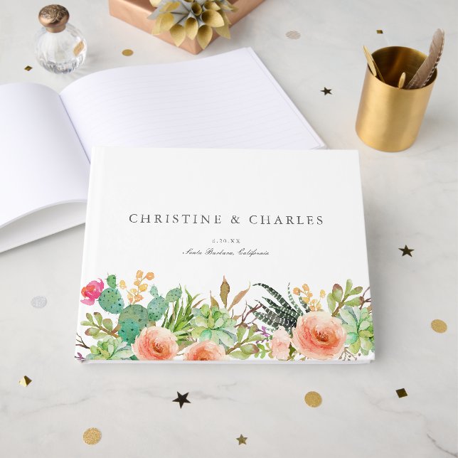 Elegant Watercolor Succulent Wedding  Guest Book (Front Open)