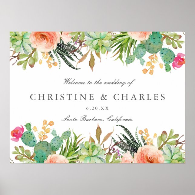 Elegant Watercolor Succulent Wedding Welcome Sign (Front)