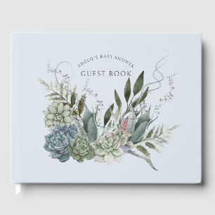Elegant Watercolor Succulents Baby Shower Blue Guest Book