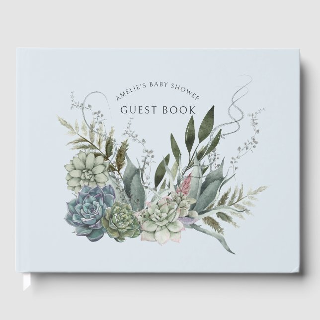 Elegant Watercolor Succulents Baby Shower Blue Guest Book (Front)