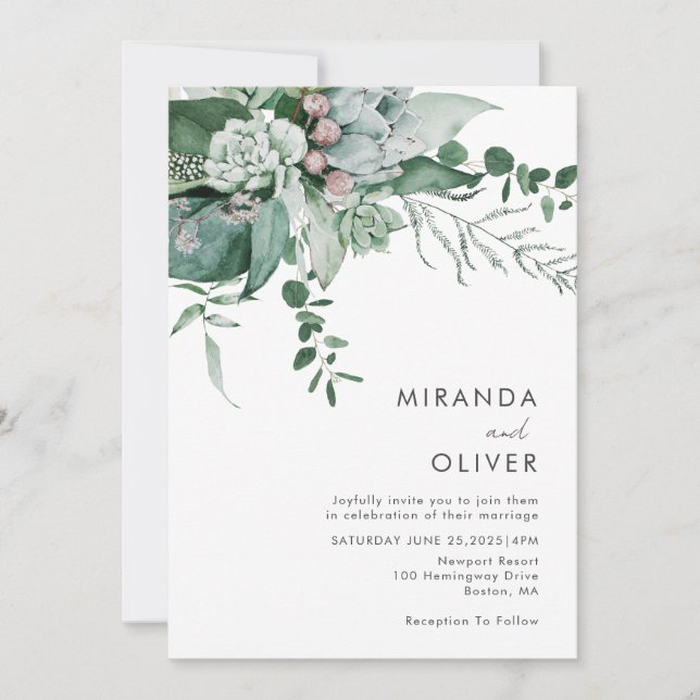 Elegant Watercolor Succulents Greenery Wedding Invitation (Front)