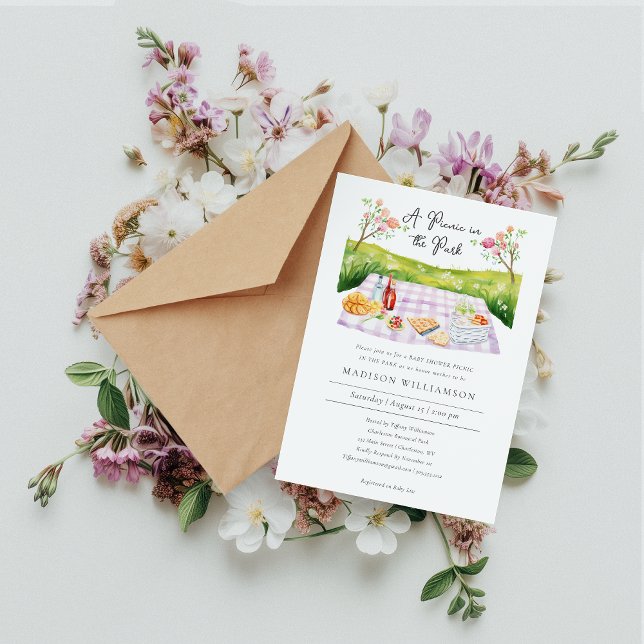 Elegant Watercolor Summer Baby Shower Picnic  Invitation (Picnic in the Park Baby Shower Invitation )