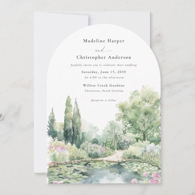 Elegant Watercolor Summer Garden Arched Wedding Invitation (Front)