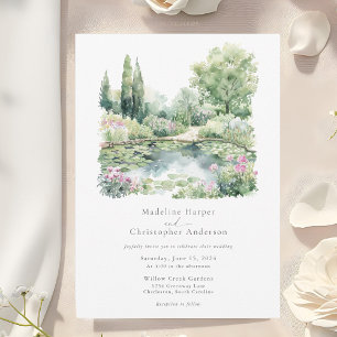 Elegant Watercolor Summer Garden Landscape Wedding Invitation