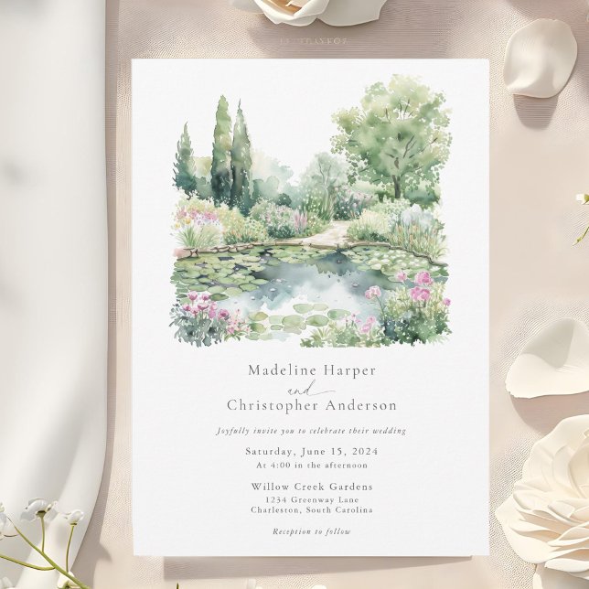 Elegant Watercolor Summer Garden Landscape Wedding Invitation (Creator Uploaded)