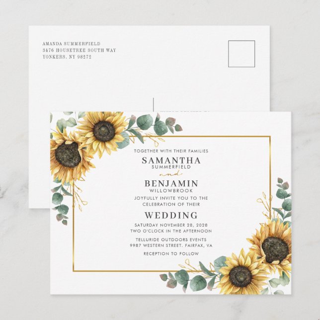 Elegant Watercolor Sunflower Eucalyptus Wedding Invitation Postcard (Front/Back)