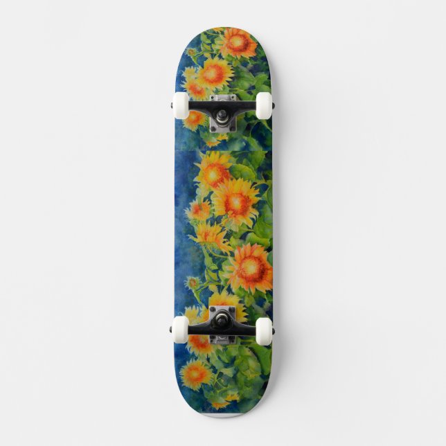 Elegant watercolor sunflower filds skateboard (Front)