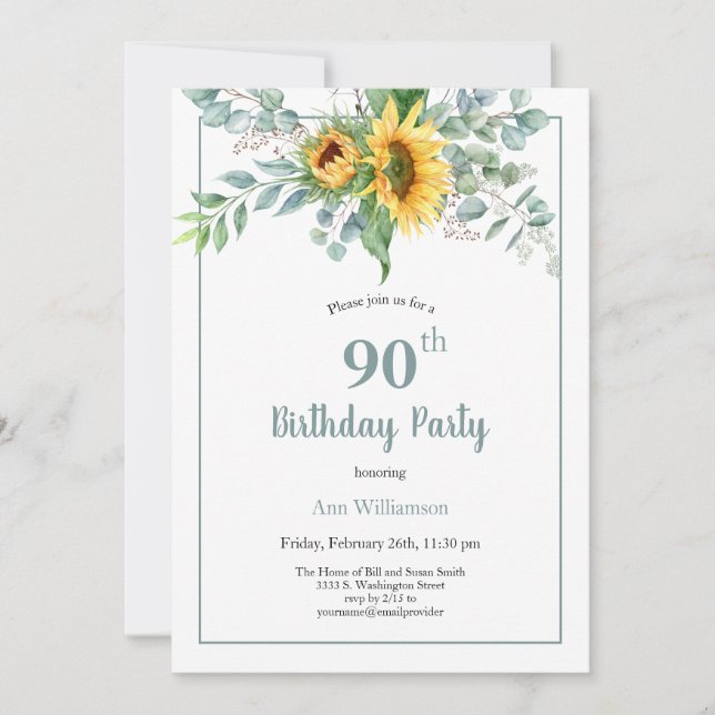 Elegant Watercolor Sunflower Floral 90th Birthday Invitation (Front)