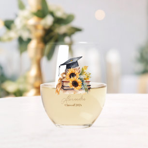 Elegant Watercolor Sunflower Graduation Stemless Wine Glass