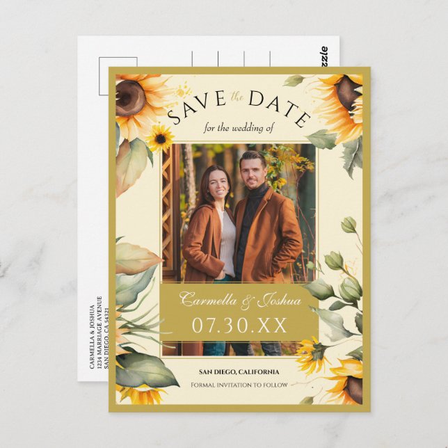 Elegant Watercolor Sunflower Photo Save The Date Postcard (Front/Back)