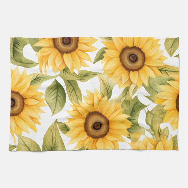 Elegant Watercolor Sunflower Tea Towel (Horizontal)