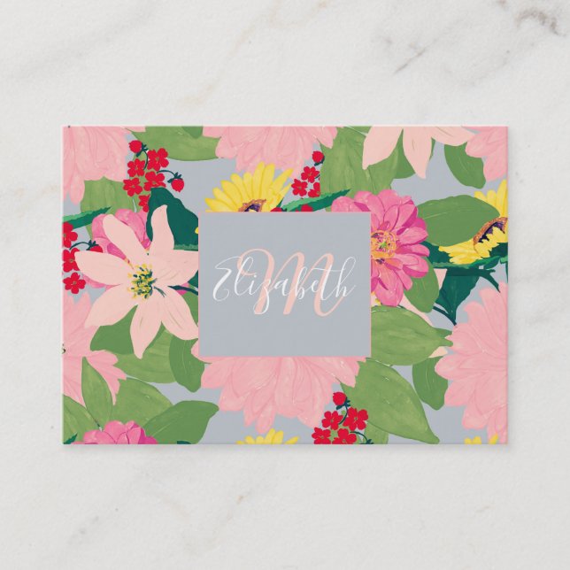 Elegant Watercolor Sunflowers Blush Floral Grey Business Card (Front)
