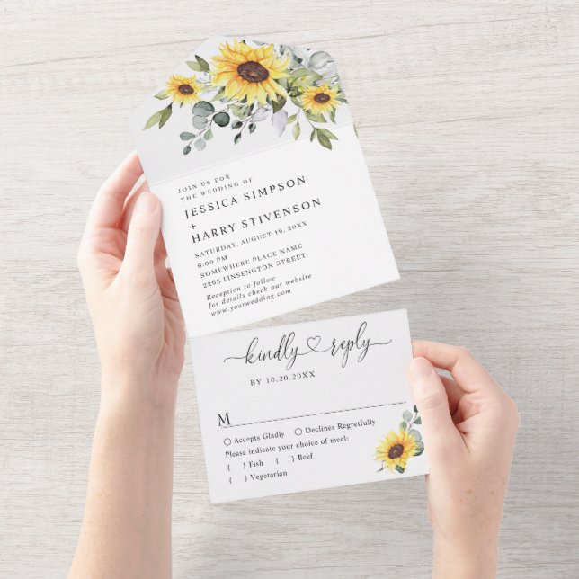 Elegant Watercolor Sunflowers Eucalyptus Wedding All In One Invitation (Tearaway)