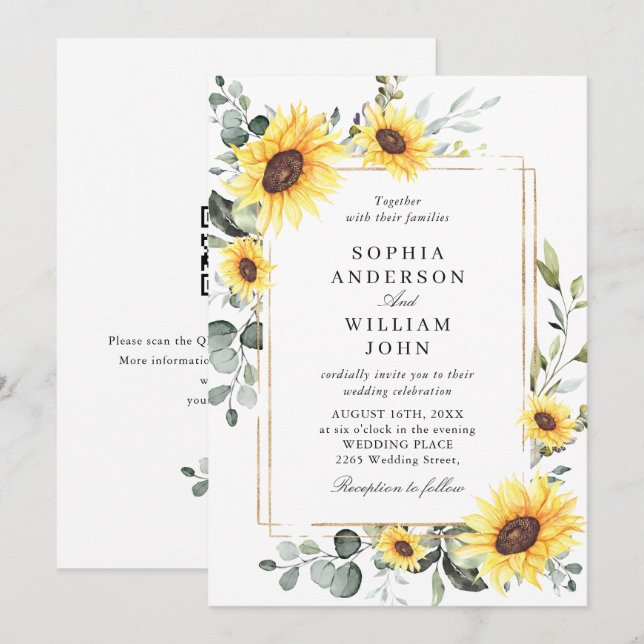 Elegant Watercolor Sunflowers Eucalyptus Wedding Invitation (Front/Back)