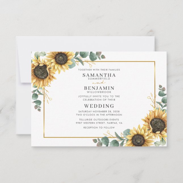 Elegant Watercolor Sunflowers Eucalyptus Wedding Invitation (Front)