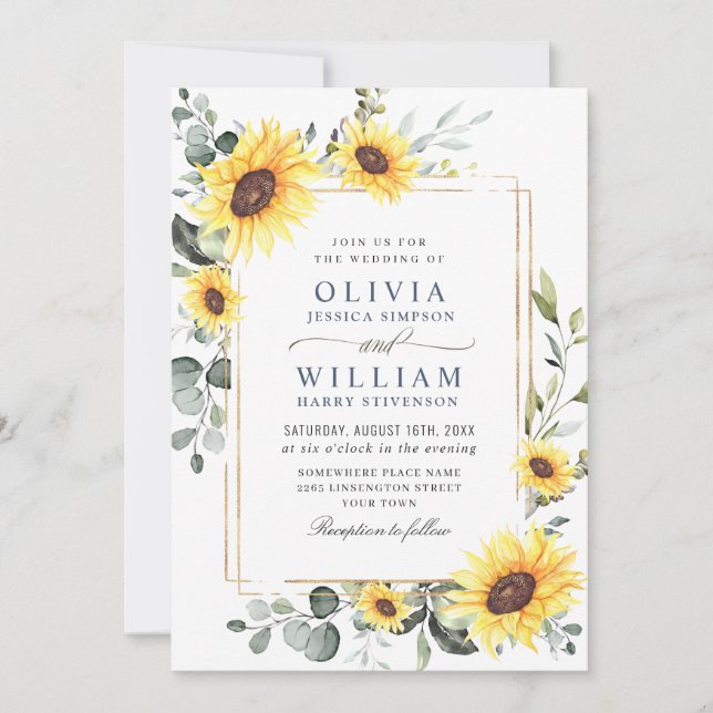Elegant Watercolor Sunflowers Eucalyptus Wedding Invitation (Front)