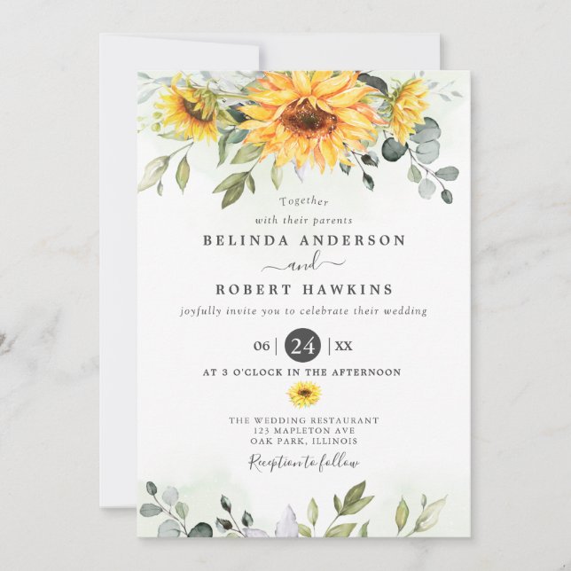 Elegant Watercolor Sunflowers Eucalyptus Wedding Invitation (Front)